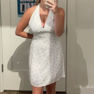 White sundress with blue flowers